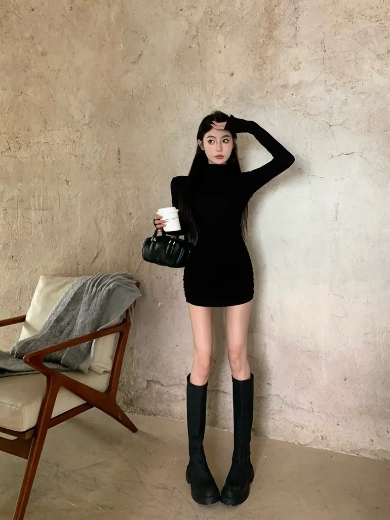 商品详情图_辣妹半高领长袖连衣裙女秋冬季修身包臀裙内搭打底裙