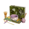 Juego de Té Matcha Japonés Set de 7 Piezas Tazón de Matcha de Cerámica Verde con Pico Caja de Color 100 Piezas de Cuadros Flores de Cerezo