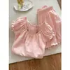 Pijama Simples Rosa Estilo Coreano com Mangas Bufantes para Mulheres, Novo Estilo de Verão, Pode Ser Usado Fora de Casa, Conjunto Doce de Casa Estilo Coreano