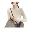 Suéter de Gola Alta Meia-Estação Outono/Inverno Novo Estilo para Mulheres, Blusa Elegante de Organza, Camada Base de Tricô Slim Fit Estilo Coreano