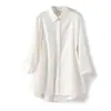 Camisa Blanca Elegante de Manga Larga con Retazos Tejidos, Estilo Europeo y Americano Minimalista y de Moda, Silueta Holgada de Hombros Caídos de Lyocell
