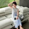 Conjunto de Verão para Meninas de Duas Peças 2025 Estilo Coreano para Crianças Mais Velhas, Vestido Longo Listrado Estilo Férias com Bainha Cardigã Vazada