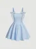Vestido camisola corto bordado con textura dulce y femenina, vestido camisola estilo ballet azul claro con lazo en la cintura para ceñir.
