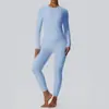 Conjunto de duas peças para yoga estilo europeu e americano, com sensação de pele nua, polimento duplo, secagem rápida, respirável, justo, manga longa e calça longa para corrida e fitness.