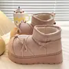 Botas de Nieve para Mujer con Lazo Rojo de Diseño Único, Estilo Coreano Versátil, Cálidas con Forro de Terciopelo, Zapatos de Algodón para Otoño e Invierno