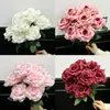 Ramo de rosas artificiales de nueve puntas para decoración del hogar en la sala de estar, arreglo de flores artificiales para bodas y celebraciones, rosas rojas, admite envío directo