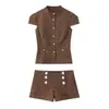 Amazon Conjunto Moda Verão para Mulheres com Top de Bolinhas com Gola e Acabamento de Bolso e Shorts Casuais 3067054