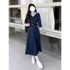 Vestido de Otoño e Invierno Estilo Universitario Patchwork Bloques de Color Cuello Polo para Mujer Cruzado Falso de Dos Piezas Nuevo Botón Ajuste de Cintura Vestido Largo