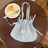 52222 Bolso de mano verde menta, pequeño y exquisito, de tela, de color liso, sencillo, con cordón, para estudiantes, portátil, para el hombro