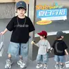 Conjunto de verão em jeans com mangas curtas e brilho para meninos, roupa casual estilosa e legal de duas peças para crianças, roupas de bebê da moda