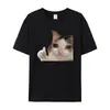 Camiseta de Algodão Tamanho Europeu2025 Verão Gato Triste Gosta de Você Gola Redonda Camiseta Unissex Modelagem Solta Preta