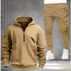 Conjunto de Moletom com Capuz Forrado de Lã Masculino Transfronteiriço, Conjunto Casual Estilo Workwear com Zíper Metade, Conjunto Popular de Duas Peças para Comércio Exterior