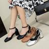 Primavera 2024 Mary Jane Tacones altos para mujer Nuevo Tacón grueso Plateado Zapatos individuales Punta redonda Punta baja Zapatos de cerdo Punto