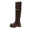 Botas Longas de Couro Marrom Estilo Britânico com Solado Grosso para Mulheres, Novo Modelo de Inverno, Botas Arrumadas de Salto Bloco Acima do Joelho, Botas de Equitação de Cano Alto Vintage