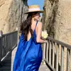 Vestido azul Klein longo sexy costas abertas justo S M Roupas de viagem para Sanya Vestido de praia super fada