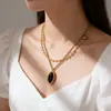 Collar de Acero de Titanio con Colgante Ovalado Popular Europeo y Americano Transfronterizo, Gargantilla de Moda Elegante de Doble Capa, Cerradura de Diseño Sencillo de Nicho