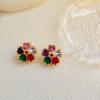 Aretes de flor de circón con forma de corazón de melocotón nuevos europeos y americanos chapados en oro real, aretes de diseño de nicho de lujo ligero, aretes de moda para mujer
