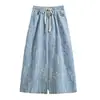 Foto real de falda midi de mezclilla elegante de cintura alta plisada línea A hasta la rodilla para mujer de algodón, de estilo coreano moderno de primavera-verano