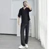 Pantalones Casuales de Pierna Recta con Caída Traje Casual para Hombre Verano Textura de Nicho Pantalones de Pierna Ancha Camisa Polo Conjunto de Dos Piezas