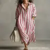 Plataforma de Moda Online Independiente Europea y Americana Transfronteriza Moderna Holgada Cuello en V Larga Rayada Verano Más Vendido Manga Tres Cuartos Vestido Camisa para Mujer