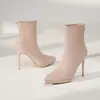 1082A Outono e Inverno Camurça Forrado com Fleece Bico Fino Preto Salto Alto Feminino Stiletto Elegante Impermeável Plataforma Aumentando Pernas Botas Curtas Slim