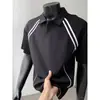 Camiseta Retilínea de Manga Curta, Pesada, Solta, com Listras Patchwork Estilo Americano, Camisa Polo Estilo Universitário, Blusa Casual Unissex de Meia-Manga