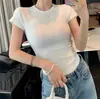 Playera de Cachemira de Cuello Redondo Pequeño y Cintura Corta de Manga Corta Verano 2025 Manga Raglán Slim Alta Elasticidad Corta Camiseta Básica Top
