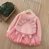 Conjunto de Suéter e Saia Tutu Novo Outono Inverno 2025 para Meninas Conjunto de Saia Puff Tricotada com Flor Feita à Mão para Menininhas