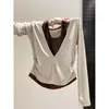2026 Nuevo Diseño de Moda Sentido Falso Dos Piezas Camiseta de Manga Larga para Mujer Bloque de Color Cuello Halter Nicho Francés Capa Base Superior