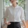 Camisa Azul de Manga Corta con Cuello Diseño de Verano para Mujer Camisa Suelta de Manga Media Algodón para Trabajo, Viajes, Entrevistas