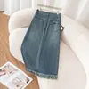 Falda de mezclilla azul con flecos para mujer, nuevo modelo 2026, de cintura alta, con abertura, adelgazante, falda midi de verano