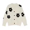 Estilo Coreano Otoño Nuevo Cuello en V Intarsia Estéreo Holgado Delgado Flor Tejido Cárdigan Casual Chaqueta de Punto para Mujer