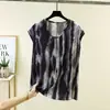 Camiseta Feminina de Algodão e Seda Estampada de Manga Curta e Gola Redonda para o Verão, Solta e Respirável, Camada Base de Viscose Tamanho Grande para Meia-Idade e Idosos