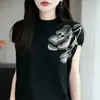 Camisa Básica Jacquard Fashionável de Gola Meia-Alta para Outono Inicial Feminina, Nova Camiseta Estilosa de Manga Curta Estilo 26 para Outono Inicial