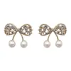 Pendientes de aro con nudo de mariposa totalmente engastados con diamantes, de plata S925, pendientes de perlas modernos y delicados, estilo coreano, etéreos, elegantes y a la moda para mujer