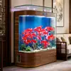 Nuevo acuario de cristal ultra transparente, tamaño mediano a grande, para uso doméstico en la sala de estar, montado en la pared, acuario de forma curva, no necesita cambios de agua, tanque grande curvo de pie