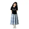 Conjunto de Falda de Verano Estilo Coreano para Niñas Mayores, Falda Larga de Encaje con Bloques de Color, Vestido de Manga Corta Conjunto de Dos Piezas de Verano