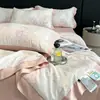 Conjunto de cama de quatro peças em Lyocell Tencel de verão, lençóis de seda de luxo leve, fronha de seda macia para dormir sem roupa, produtos de resfriamento de verão