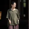 Otoño algodón y lino mujer nuevo diseño original estilo chino suéter modificado ramio lavado a la arena manga corta botón arriba camiseta mujer