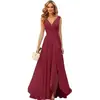 Vestido de Noche Transfronterizo 2026 Estilo Nuevo Cuello en V Plisado Abertura Corbata Largo Gasa Vestido para Fiesta de Navidad Comercio Exterior