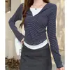 Tiro Real # Camiseta de Manga Larga Falsa de Dos Piezas para Mujer 2025 Nuevo Estilo Coreano Ceñida a la Cintura Cuello Semiabierto Rayas