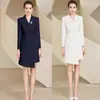 Elegante vestido profissional feminino de manga comprida, com abotoamento duplo, para primavera e outono, com senso de design, justo, modelador, assimétrico, para presidentes, vestimenta formal