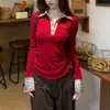 Camiseta de Manga Larga con Cuello de Solapa a Cuadros Estilo Coreano Patchwork para Mujer, Nuevo Atuendo de Otoño e Invierno para Navidad, Top Básico Vintage Ajustado