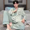 Pijama Masculino 100% Algodão Primavera e Outono Novo Estilo Manga Longa Calça Longa Cardigã Gola Lapela Moda Estilo Coreano Roupa de Casa Roupa de Fora