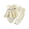 Roupa Infantil Coreana Verão Novo Estilo Menina Estilo Pastoral Retrô Bordado Floral Manga Bufante Top Calça Longa Conjunto de Duas Peças
