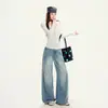 Jeans feminino largo transfronteiriço, estilo americano desconstruído, calça longa azul céu vintage lavada, comprimento estendido azul céu, Yichun