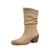 Botas Chelsea de estilo europeu e americano para mulheres, comércio exterior, outono e inverno de 2026, plissadas até o meio da panturrilha, salto alto grosso, botas femininas de camurça com strass, transfronteiriça