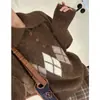 Suéter de Manga Larga con Patrón de Diamantes Estilo Coreano, Otoño e Invierno Estilo Vintage Universitario, Elegante Cuello Polo, Atractivo Suéter Color Café