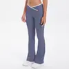 Calça de Yoga Apertada Cor da Pele Estilo Europeu e Americano com Cruz de Cor Contrastante Cintura Alta Perna Larga Flare Calças Longas Esportivas de Corrida Fitness Secagem Rápida
