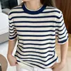 Novo top de verão feminino estilo minimalista japonês, algodão puro tricotado, gola redonda, listrado, slim fit, color block, versátil, manga curta